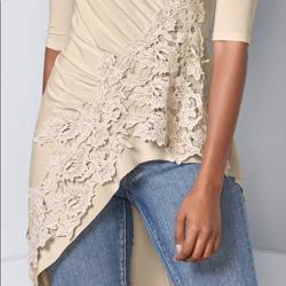 Lace Cream Cold shoulder Top| Venus Spring Blouse| Lace/Gold Flower trimmings S - Picture 12 of 13